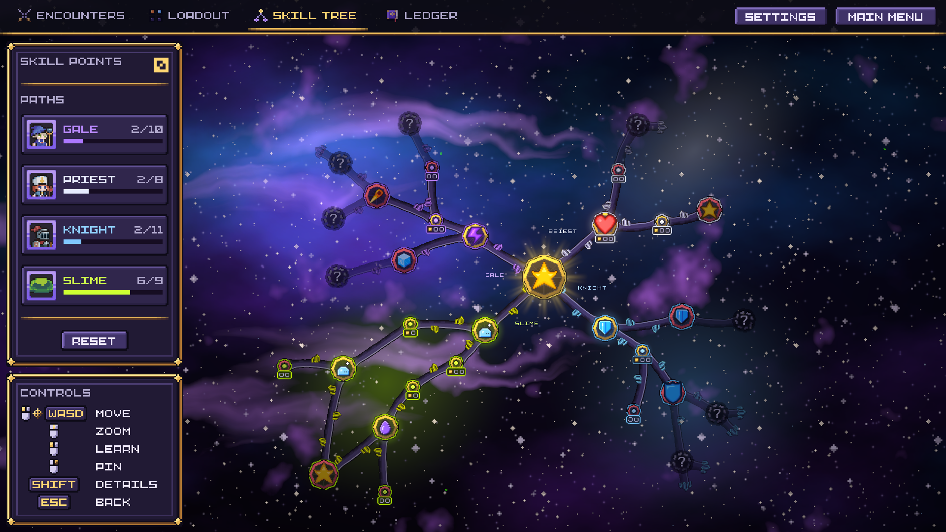 The skill tree with points spent across all four paths